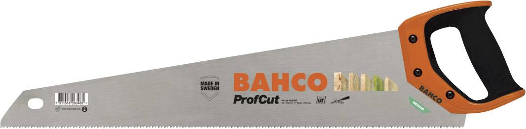 Handsäge mit orange-schwarzem Griff und silberner Klinge, Markenname 'BAHCO' auf der Klinge.