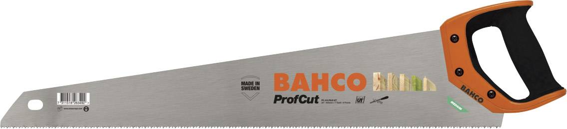 Handsäge mit orange-schwarzem Griff und der Aufschrift 'BAHCO ProCut'. Die Säge hat feine Zähne und eine Metallklinge.