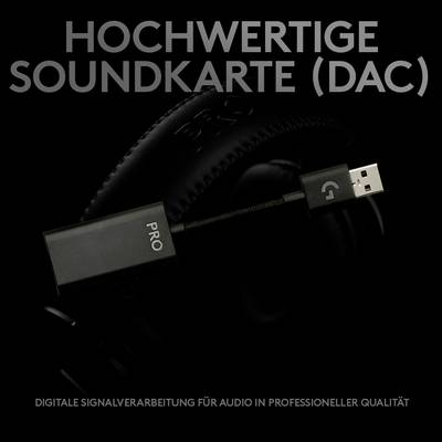 Ein schwarzes USB-DAC mit der Aufschrift 'Pro' ist an ein schwarzes Headset angeschlossen. Text: 'Hochwertige Soundkarte (DAC)'.