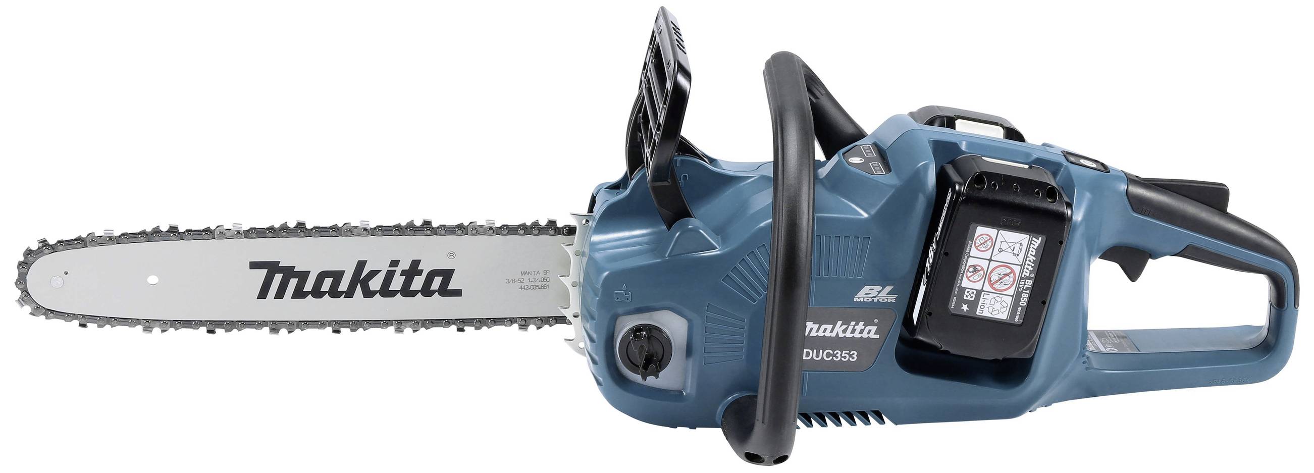 Eine blaue Kettensäge von Makita, kabellos mit Akkuantrieb. Sie ist modern gestaltet und zeigt Sicherheitshinweise auf dem Griff.
