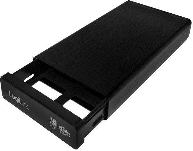 Externe Festplatten-Gehäuse von LogiLink. Schwarzes Design, passend für SATA-Festplatten, mit USB-Anschluss für Datenübertragung.
