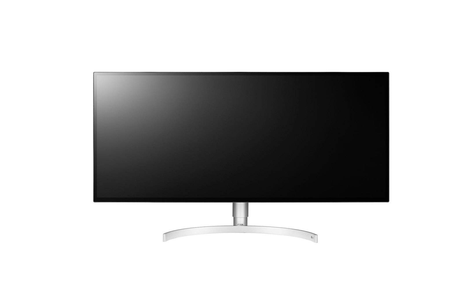 Breiter schwarzer Computermonitor mit weißem Standfuß, in frontaler Ansicht.
