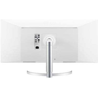 Rückseite eines weißen Monitors mit mehreren Anschlussmöglichkeiten, darunter HDMI, USB und Stromanschluss. Monitor auf einem silbernen Standfuß.