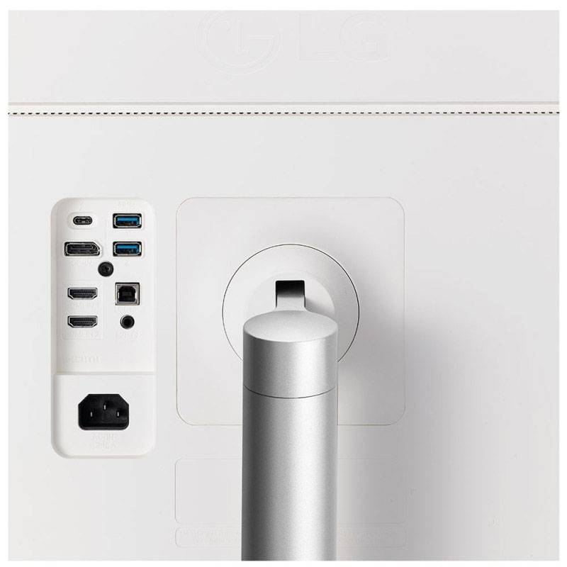 Rückseite eines Monitors mit mehreren Anschlüssen: HDMI, DisplayPort, USB und Stromkabelanschluss. Montierte Standhalterung in der Mitte.