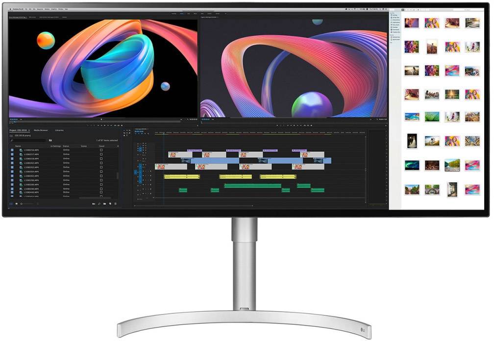 Ein großer UltraWide-Monitor zeigt ein offenes Videobearbeitungsprogramm mit einem bunten 3D-Bild und einer bearbeiteten Zeitleiste.