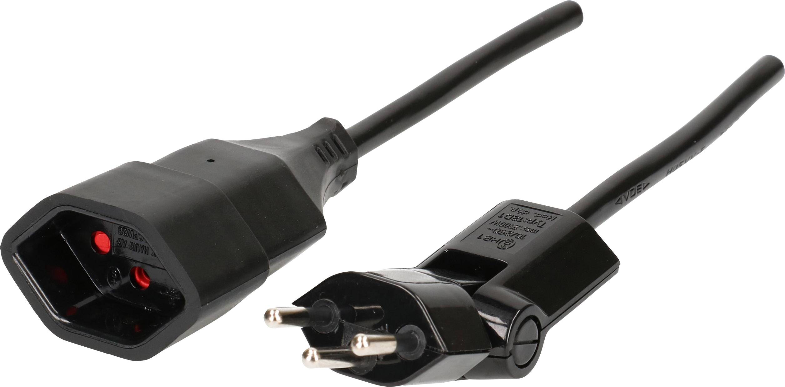 Zwei schwarze Stromkabel, eines mit einem Schuko-Stecker und das andere mit einem IEC-C13-Anschluss, für Geräteverbindungen.