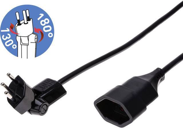 Schwarzes Netzkabel mit drehbarem Eurostecker auf der linken Seite; Diagramm zeigt mögliche Drehung von 130 bis 180 Grad.