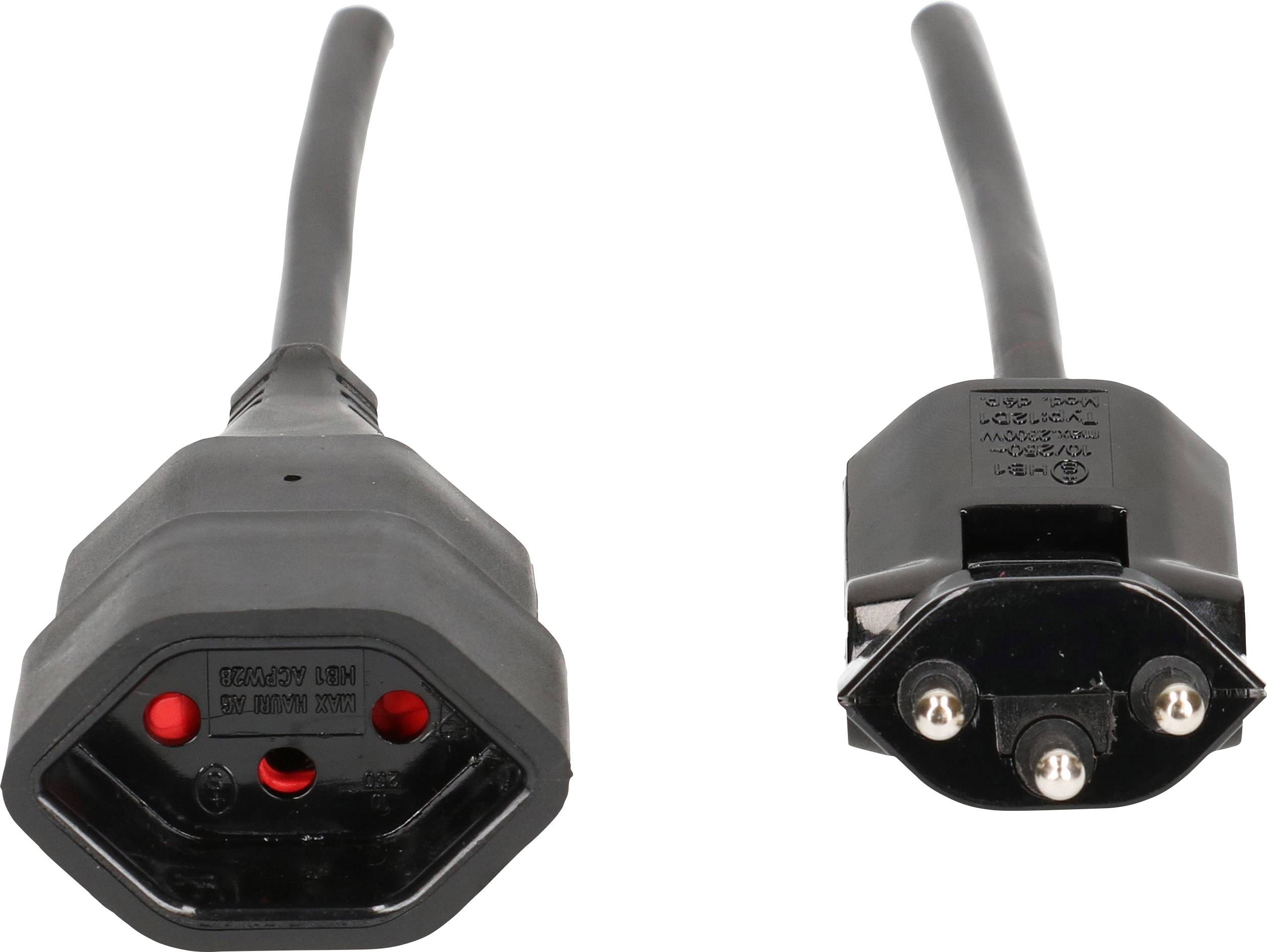Stromkabel bestehend aus zwei schwarzen Steckern mit je drei Polen, die für die Stromversorgung elektronischer Geräte verwendet werden.