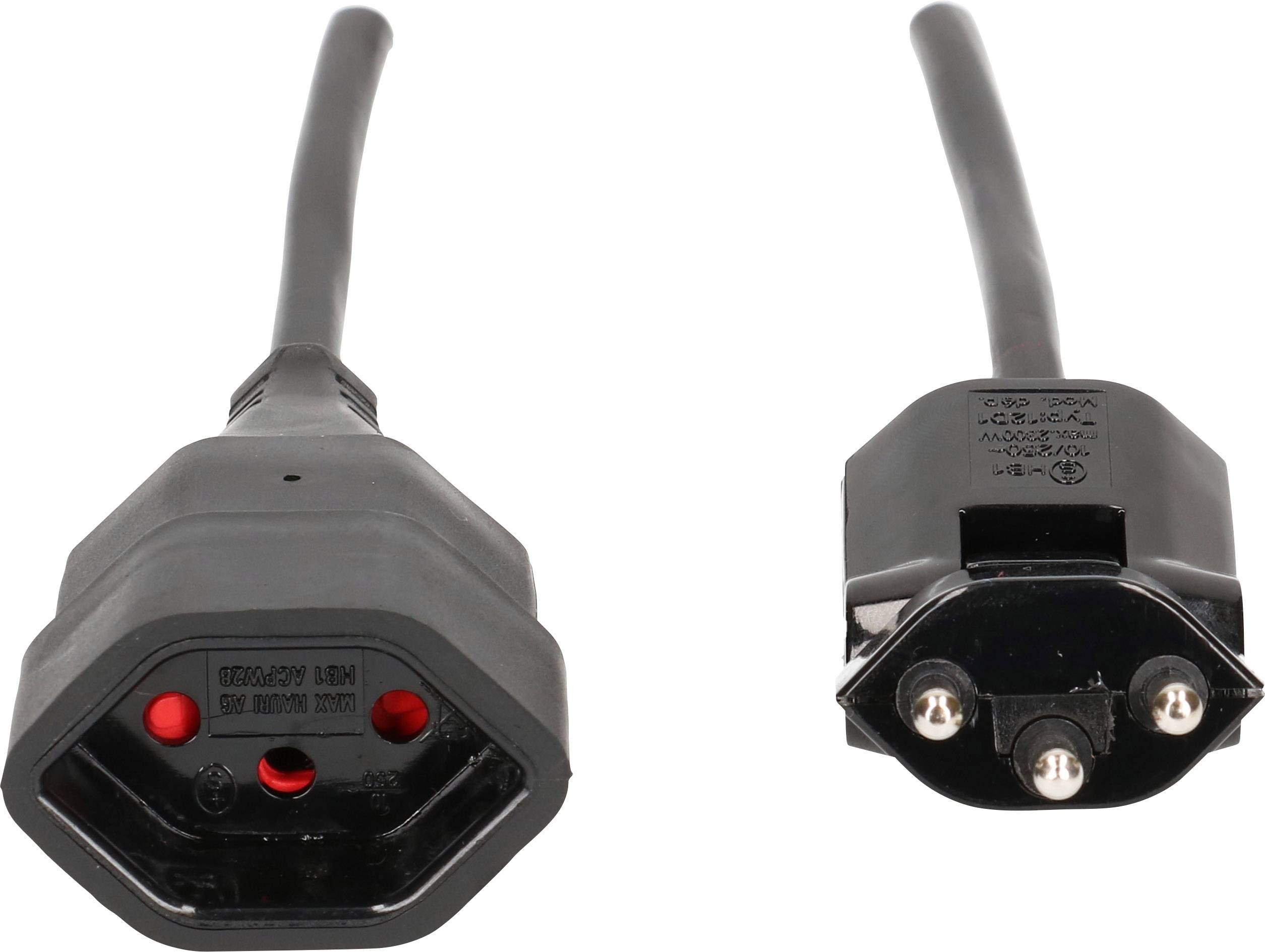 Zwei schwarze Elektrostecker. Links eine weibliche, dreipolige Buchse, rechts ein männlicher Stecker.
