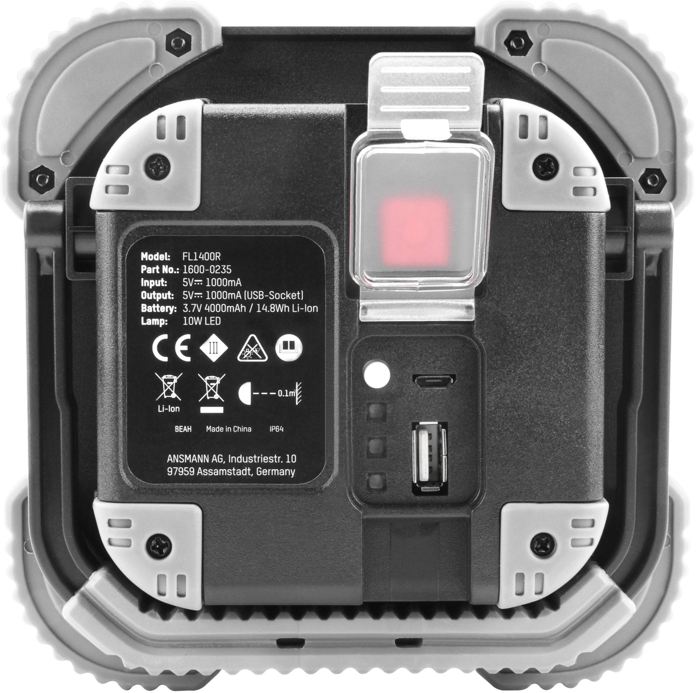 Rückansicht eines tragbaren LED-Lampenakkus mit technischen Spezifikationen, USB-Anschluss und Ladezustandsanzeige in einer quadratischen Gehäuseform.