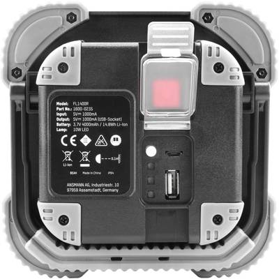 Rückansicht eines tragbaren LED-Lampenakkus mit technischen Spezifikationen, USB-Anschluss und Ladezustandsanzeige in einer quadratischen Gehäuseform.