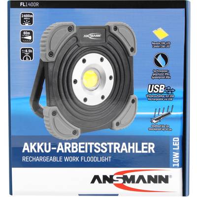 Akkubetriebener LED-Arbeitsstrahler von Ansmann, 1400 Lumen, Reichweite 60m, Laufzeit 6,5 Stunden, USB-Anschluss zum Aufladen.