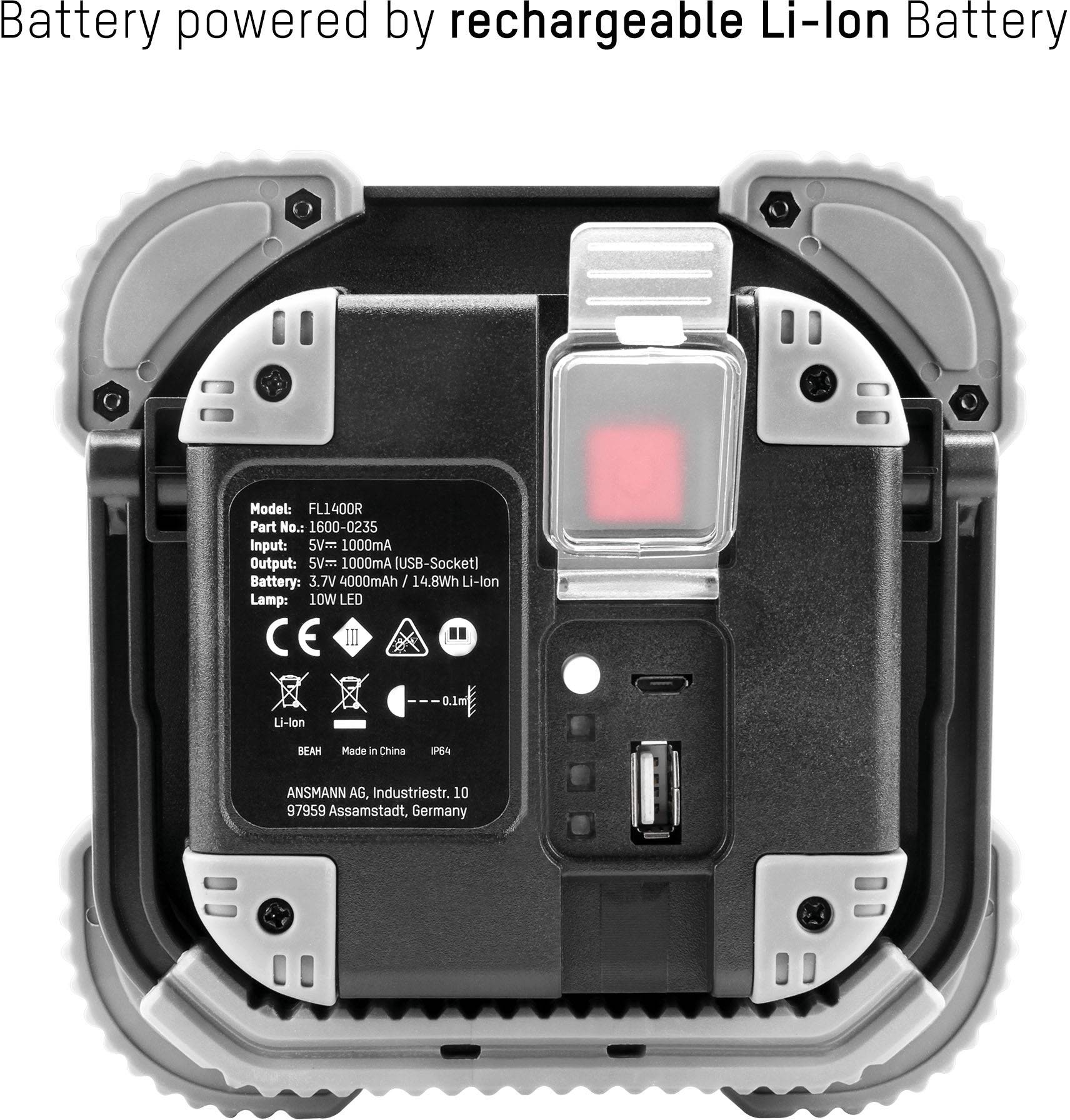 Rückseite eines Ladegeräts mit USB-Anschluss, technischen Spezifikationen und Hinweis: 'Battery powered by rechargeable Li-Ion Battery'.