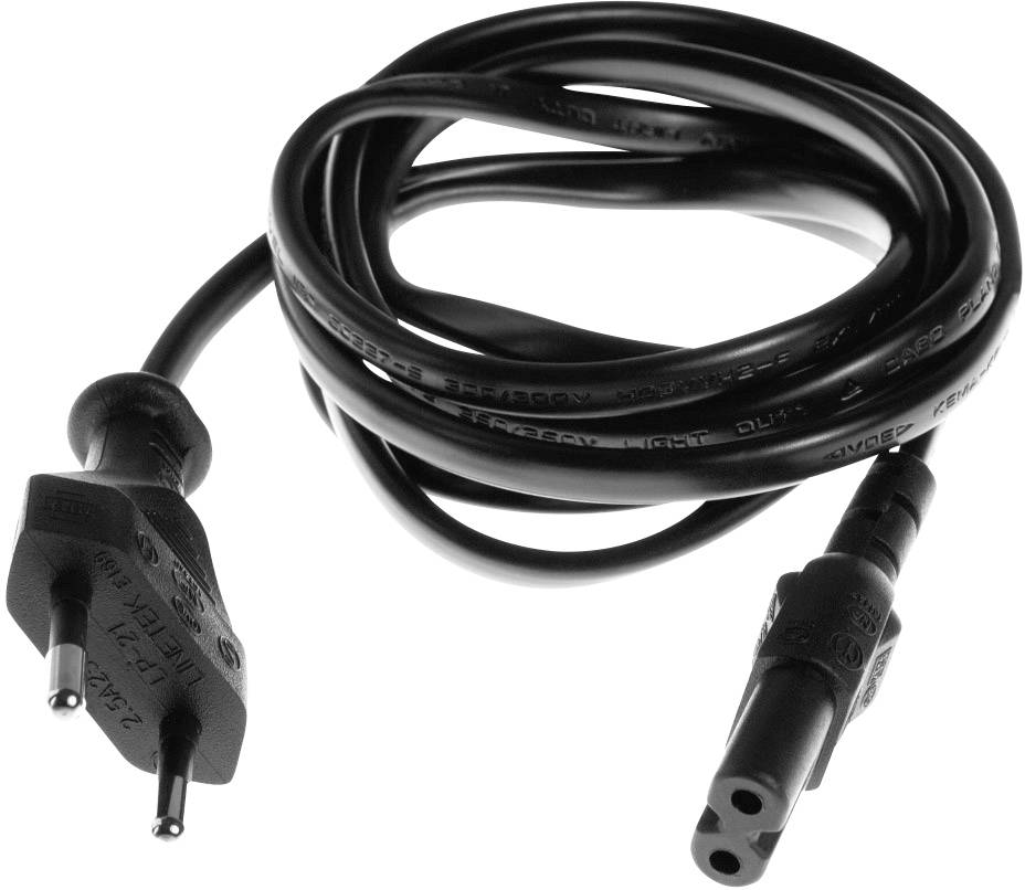 Ein schwarzes Netzkabel mit einem Eurostecker auf der einen Seite und einem dreipoligen Kaltgerätestecker auf der anderen.