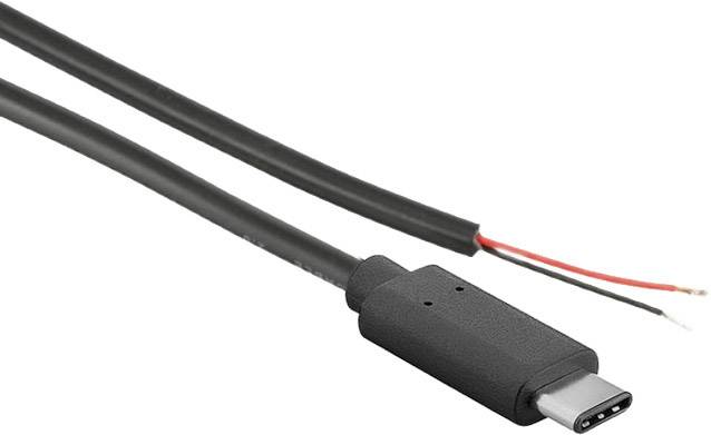 USB-C-Stecker mit angeschlossenem schwarzen Kabel. Zwei Drahtenden sind freigelegt, rot und schwarz, keine Ummantelung.