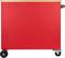 Ein roter Rollcontainer mit schwarzem Rad links und grauem Rad rechts, oben eine Holzplatte.