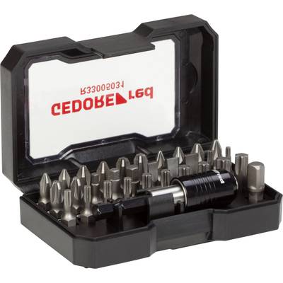 Schwarze Box mit 30 Schraubendreher-Bits und einem Bit-Halter. Die Firma 'GEDORE' ist auf dem Deckel in Rot gedruckt.