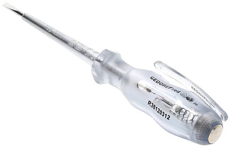 Schlitzschraubendreher mit transparentem Griff und Spannungsanzeiger, geeignet für elektrische Installationen.