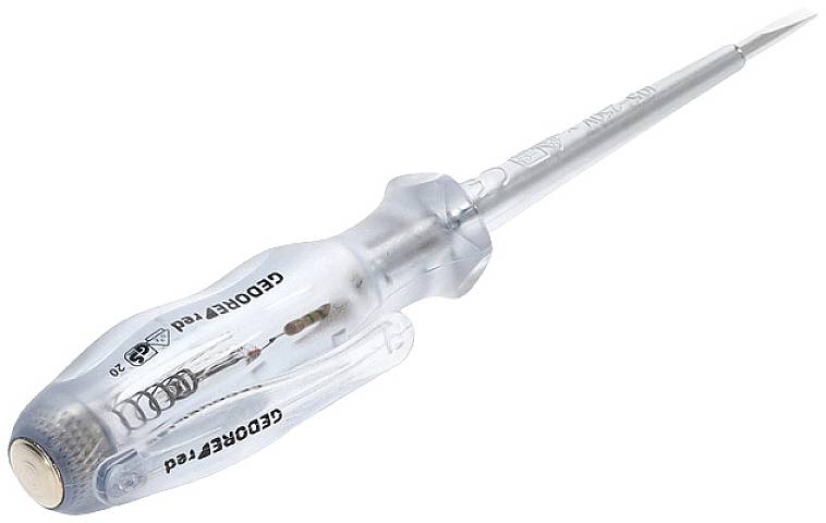 Ein transparenter Phasenprüfer mit Metallspitze und Clip am Griff zur elektrischen Stromkreisprüfung.