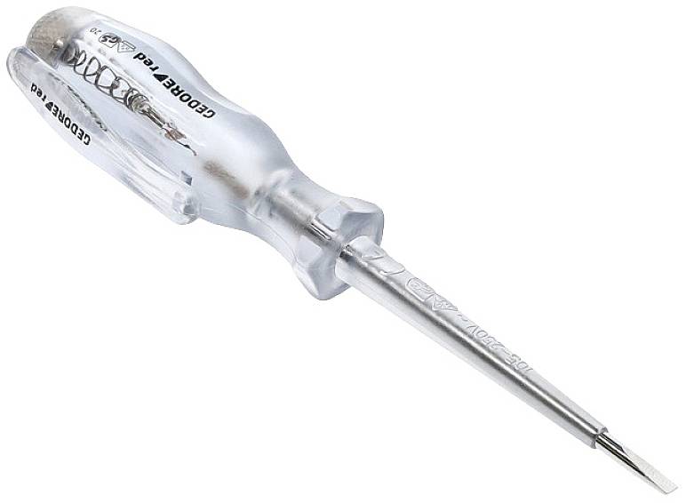 Ein transparenter Spannungsprüfer mit Metallspitze und isoliertem Griff, verwendet zur Überprüfung elektrischer Spannung.