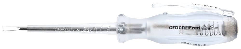 Ein transparenter Phasenprüfer mit Metallspitze und integriertem Spannungsprüfer. Geodrehschaft sichtbar durch den Griff.