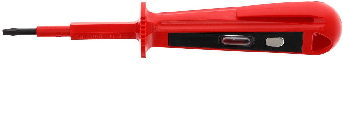 Ein roter Spannungsprüfer mit einem transparenten Gehäuse, das eine Glühbirne zeigt, und einem Metallknopf an der Seite.