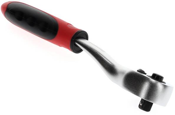 'Ratsche mit rotem und schwarzem Griff, aus Metall, seitlich fotografiert.'