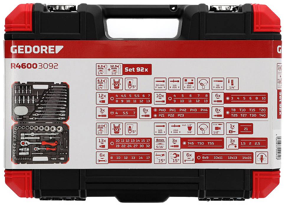 Schwarzer Werkzeugkoffer mit rotem Rand, Aufschrift 'GEDORE R4600 3092, Set 92x'. Abbildungen und Liste mit Inhalten: Schraubenschlüssel, Bits, Werkzeuggrößen.