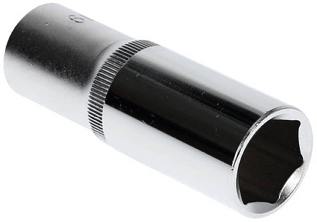 Metallene Sechskant-Stecknuss, verwendet zum Lösen oder Anziehen von Schrauben, in leicht schräger Ansicht dargestellt.