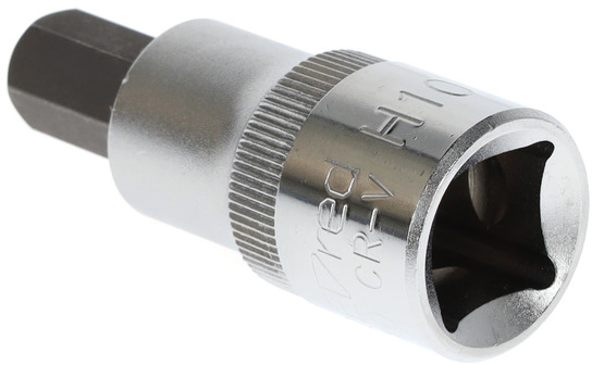 'Metallischer Sechskant-Bitaufsatz H10', geeignet für Schraubarbeiten, meist in handwerklichen oder technischen Anwendungen verwendet.