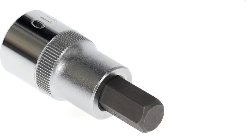 Sechskant-Stecknuss aus Metall mit glänzendem Finish, geeignet für den Einsatz mit Steckschlüsseln.