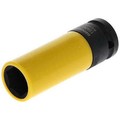 Gelber Steckschlüsselaufsatz mit schwarzer Kappe, geeignet für 19 mm Muttern oder Schrauben.