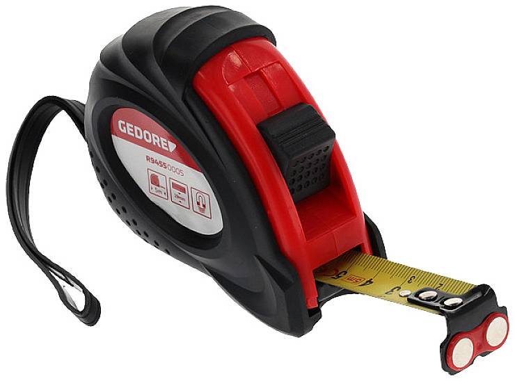 Ein schwarzes und rotes Metallbandmaß mit einer Länge von 5 Metern, Markenname 'Gedore', mit ergonomischem Design.