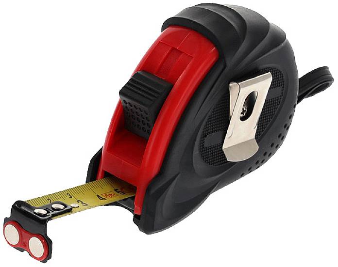 Schwarzes und rotes Maßband mit Metallclip und gelbem Band, teilweise ausgezogen.