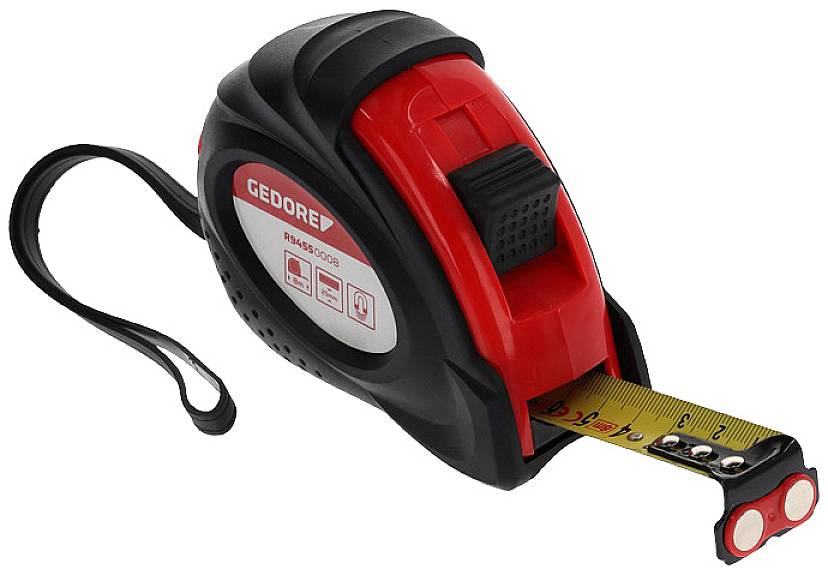 Ein schwarzes und rotes Maßband mit der Aufschrift 'GEDORE', ausgezogene gelbe Messeinheit, ergonomisches Design mit Handschlaufe.