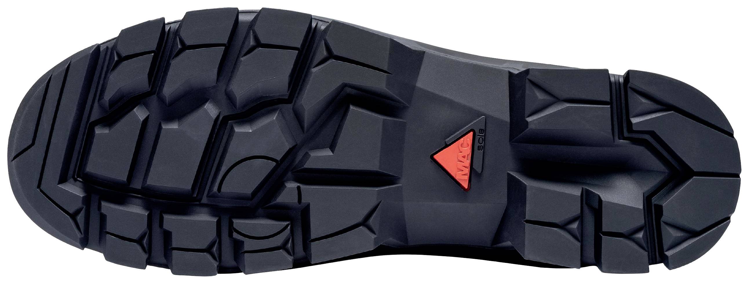 Schwarze Schuhsohle mit grobem Profil und rotem Dreieck in der Mitte.