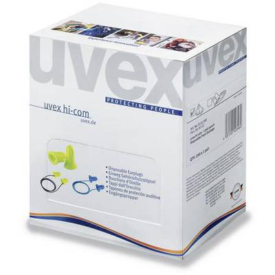 Verpackung von 'uvex hi-com' mit einem Bild von gelben Einweg-Ohrstöpseln und Produktinformationen. Markenslogan: 'Protecting People'.