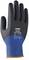 Schutzhandschuh von uvex in Schwarz und Blau, Modell 'phynomic wet plus', zeigt Produktspezifikationen auf der Oberseite des Handschuhs.
