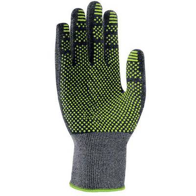 Schutzhandschuh mit schwarzem Gewebe und grünen Punkten. Ideal für sicheren Griff in Arbeitsumgebungen.