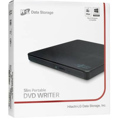 Verpackung eines externen DVD-Brenners der Marke 'HL Data Storage'. Unterstützt Mac und Windows, schlankes, tragbares Design.