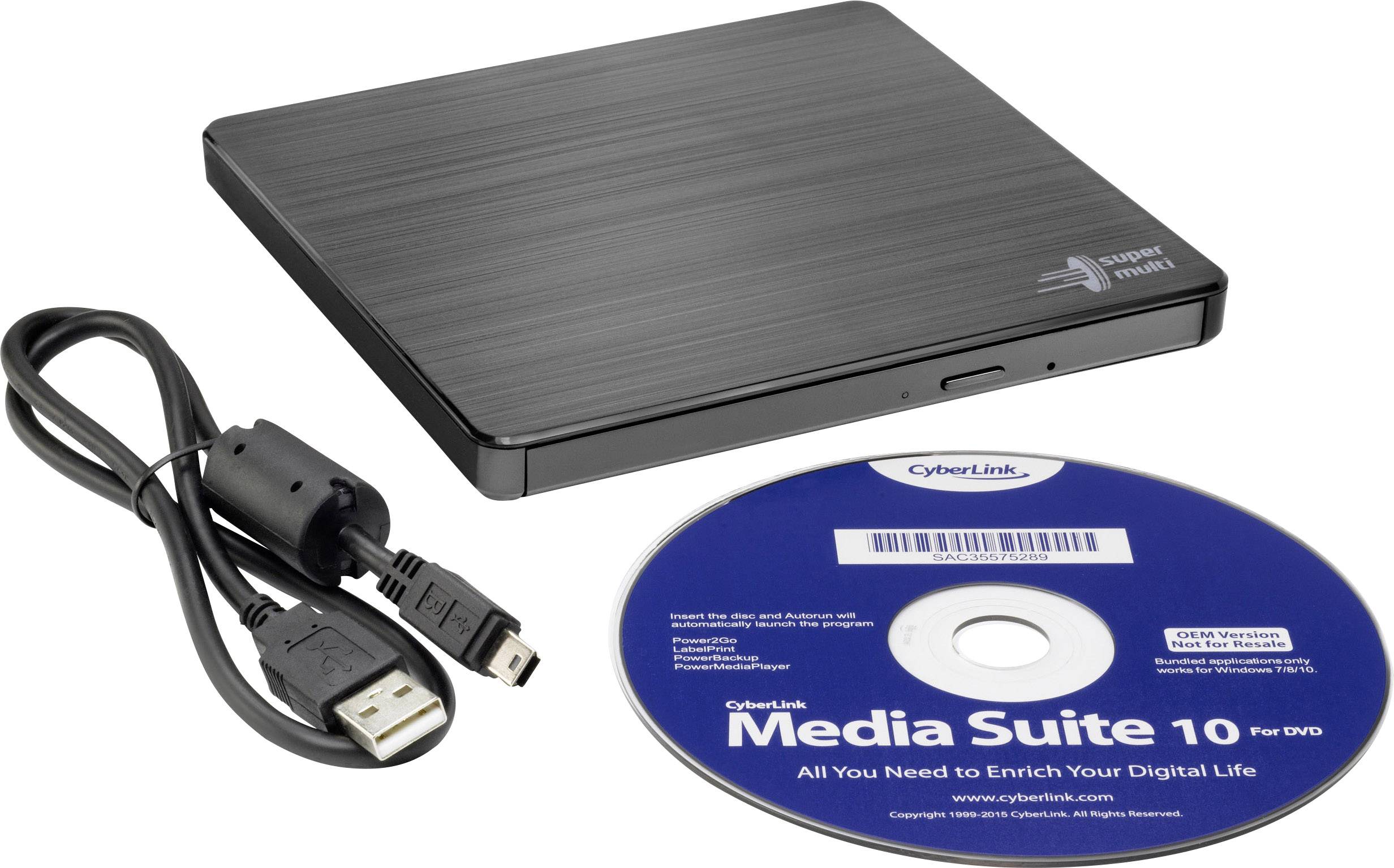 Externes DVD-Laufwerk mit USB-Kabel und CyberLink Media Suite 10-Installations-CD.