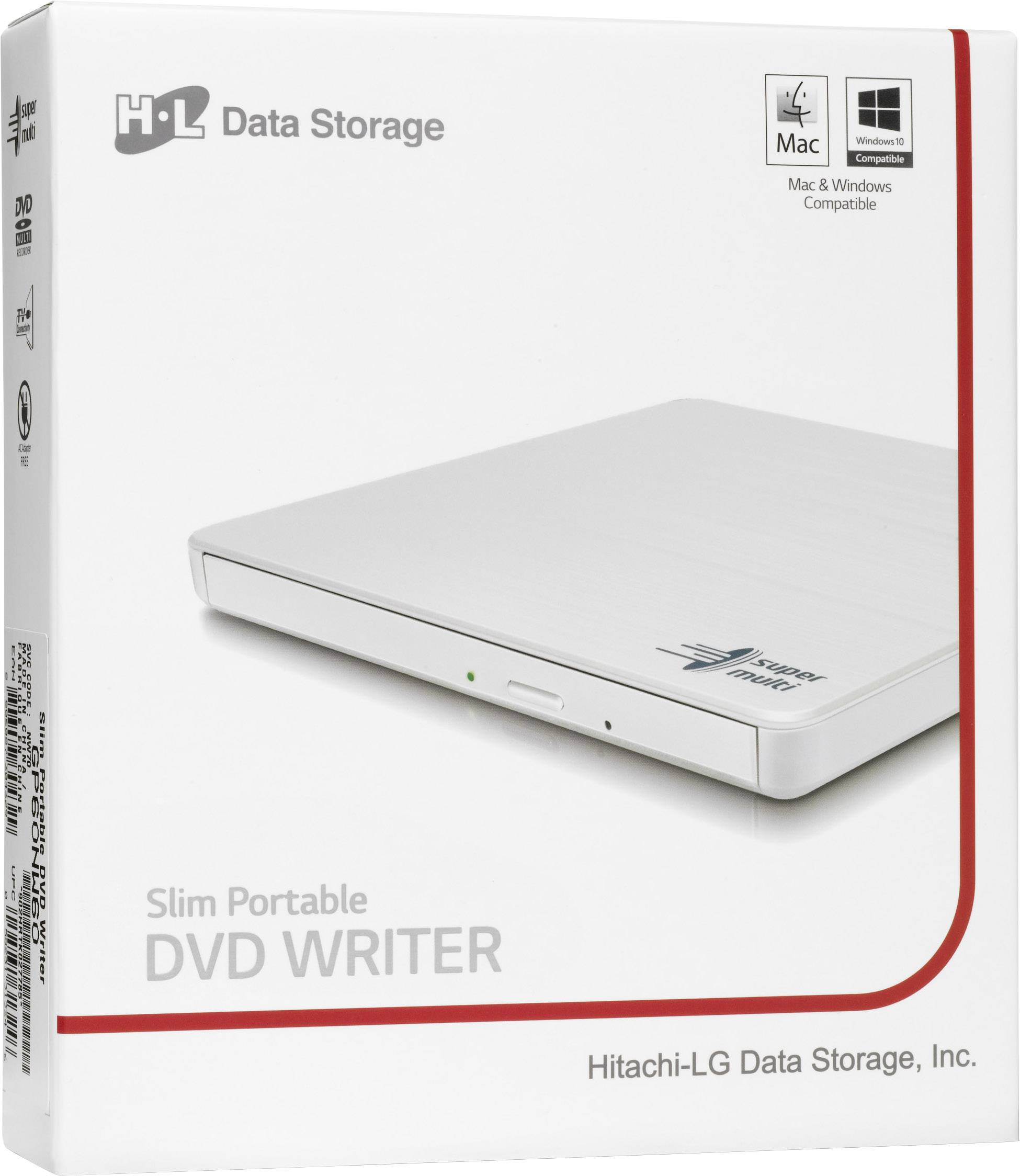 Eine Verpackung mit der Aufschrift 'Slim Portable DVD Writer' von Hitachi-LG Data Storage, kompatibel mit Mac und Windows.