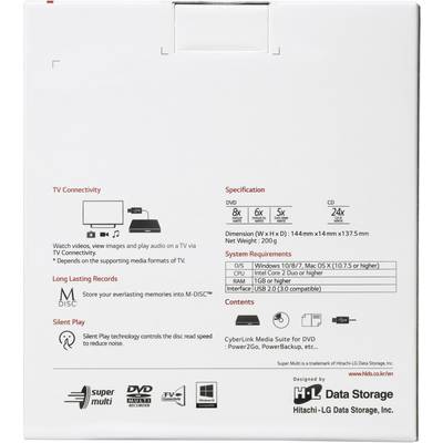 Externe DVD-Laufwerk Verpackungsrückseite mit Spezifikationen und Systemanforderungen. Unterstützt verschiedene DVD-Formate.