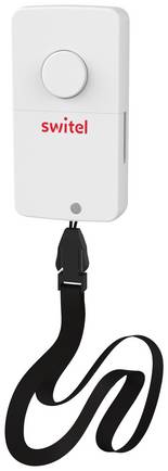 Weißes Switel Notrufgerät mit großem Notfall-Taster und schwarzem Umhängeband.