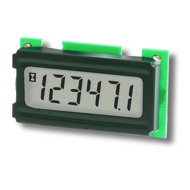 Digitales LCD-Panel-Display zeigt '12347.1' mit einem kleinen Sanduhr-Symbol an, montiert in einem schwarzen Gehäuse mit grünen Schaltungsfahnen.