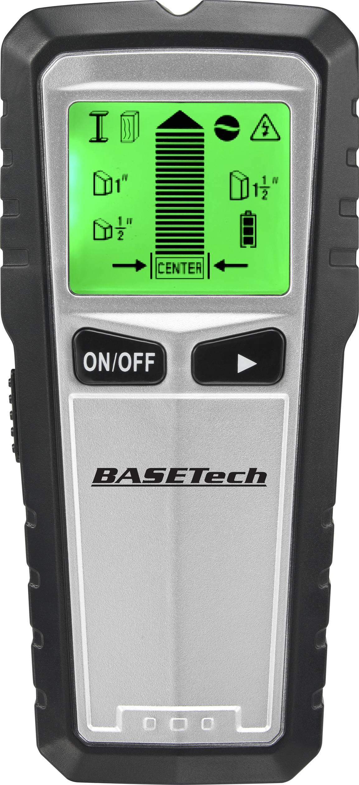 Ein elektronischer Detektor mit grünem Display zeigt Symbole und Maße zur Ortung von Materialien. Tasten für 'ON/OFF' und Pfeilsteuerung.