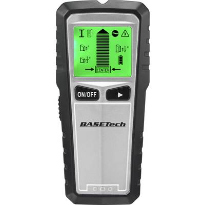 Ein elektronischer Detektor mit grünem Display zeigt Symbole und Maße zur Ortung von Materialien. Tasten für 'ON/OFF' und Pfeilsteuerung.