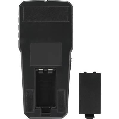 Ein schwarzes elektronisches Gerät mit offenem Batteriefach und abgesetzter Batterieabdeckung, keine weiteren Details sichtbar.