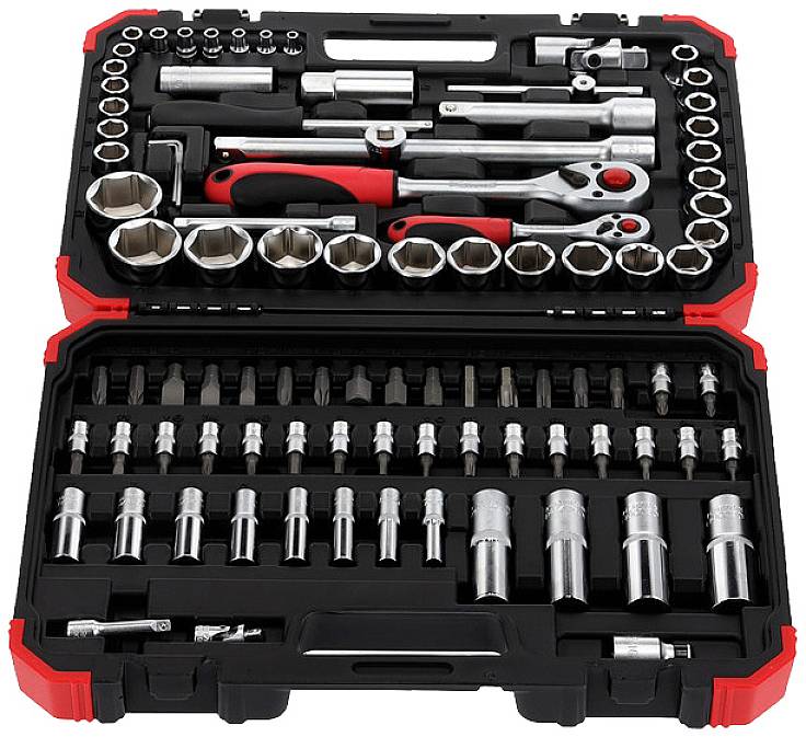 'Werkzeugkoffer mit diversen Steckschlüsseln, Ratschen und Bits. Hauptsächlich für mechanische Reparaturen und Montagearbeiten geeignet.'
