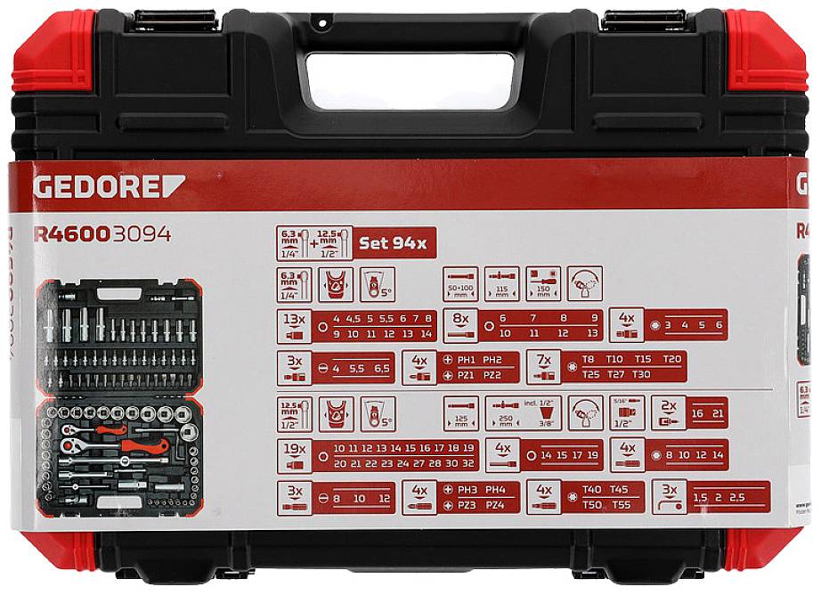 'Gedore Werkzeugkoffer R4600 3094' mit 94 Teilen, darunter Schraubendreher, Bits und Steckschlüssel. Enthält Illustration der Anordnung.